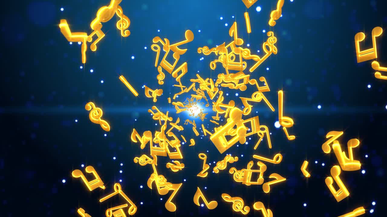 네온 배경 황금색 다채로운 음악 음표와 음파 루프 음악 개념 애니메이션