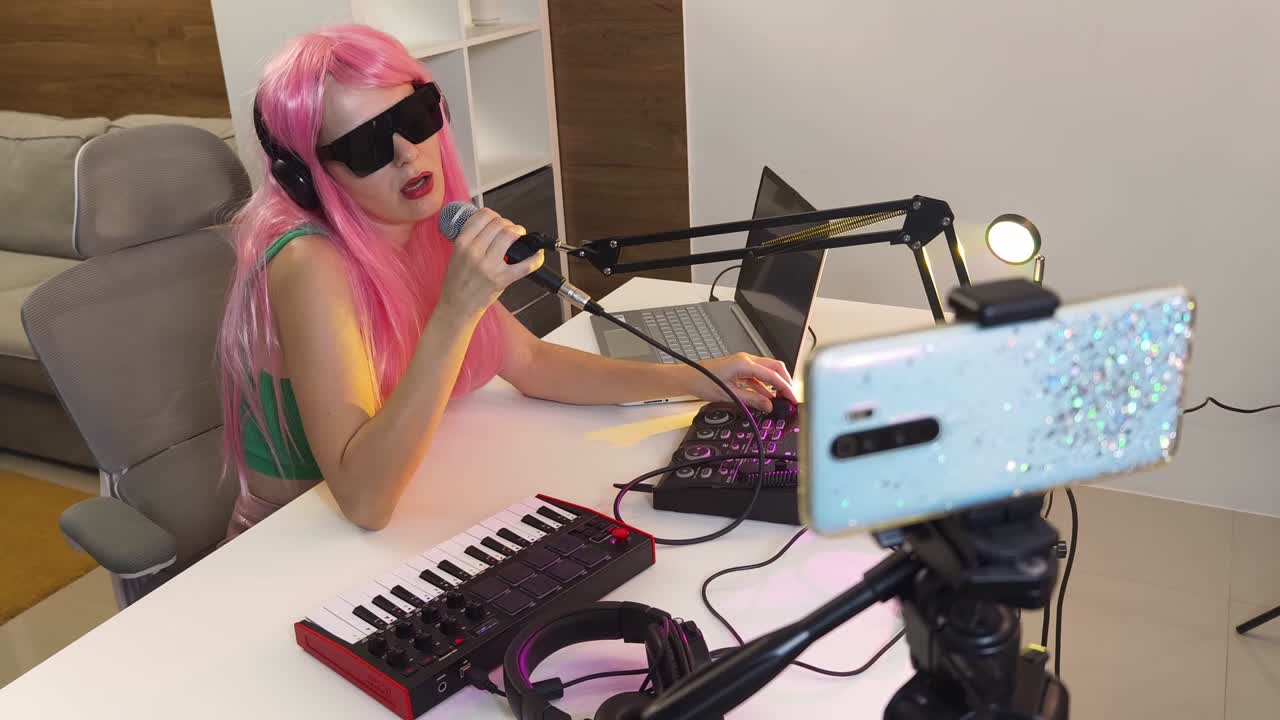 Donna che canta e registra musica a casa