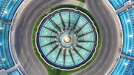 Rotating-Birds-Eye-View-Of-The-Artesian-Fountains-Of-Unirii-Square,-Empty-Streets,-Bucharest,-Romania