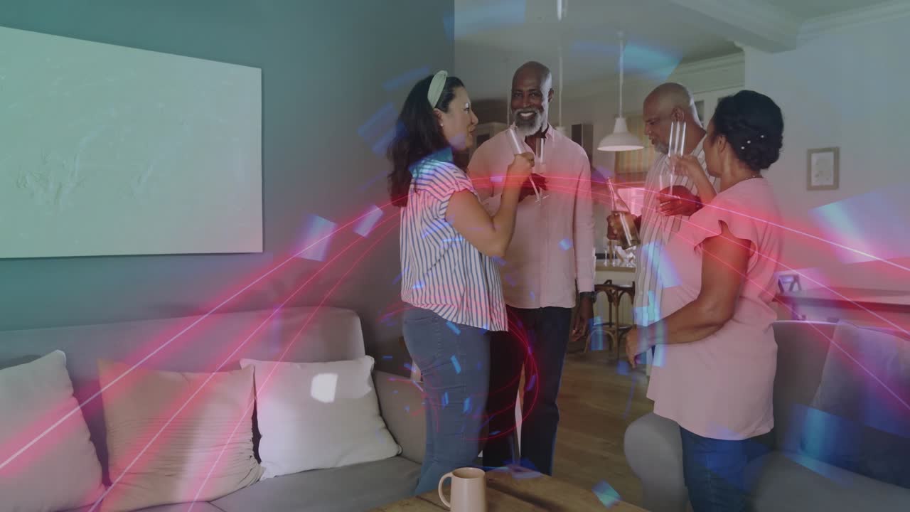 Four adults opening bottle, toasting flutes while light streaks pulsing over group for lifestyle