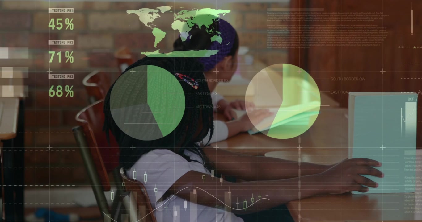 Young Students Studying in Classroom with Digital Data Overlay