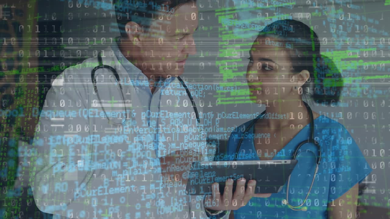 Animation of data processing over male and female doctor using tablet