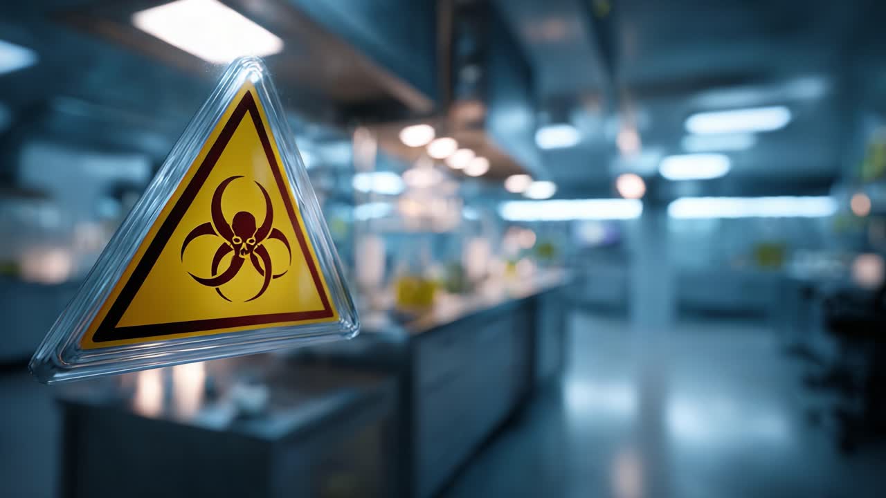 Un segnale di avvertimento di rischio biologico inconfondibile in un ambiente di laboratorio, che evidenzia le precauzioni di sicurezza e i potenziali pericoli associati a materiali, sostanze chimiche e agenti patogeni pericolosi