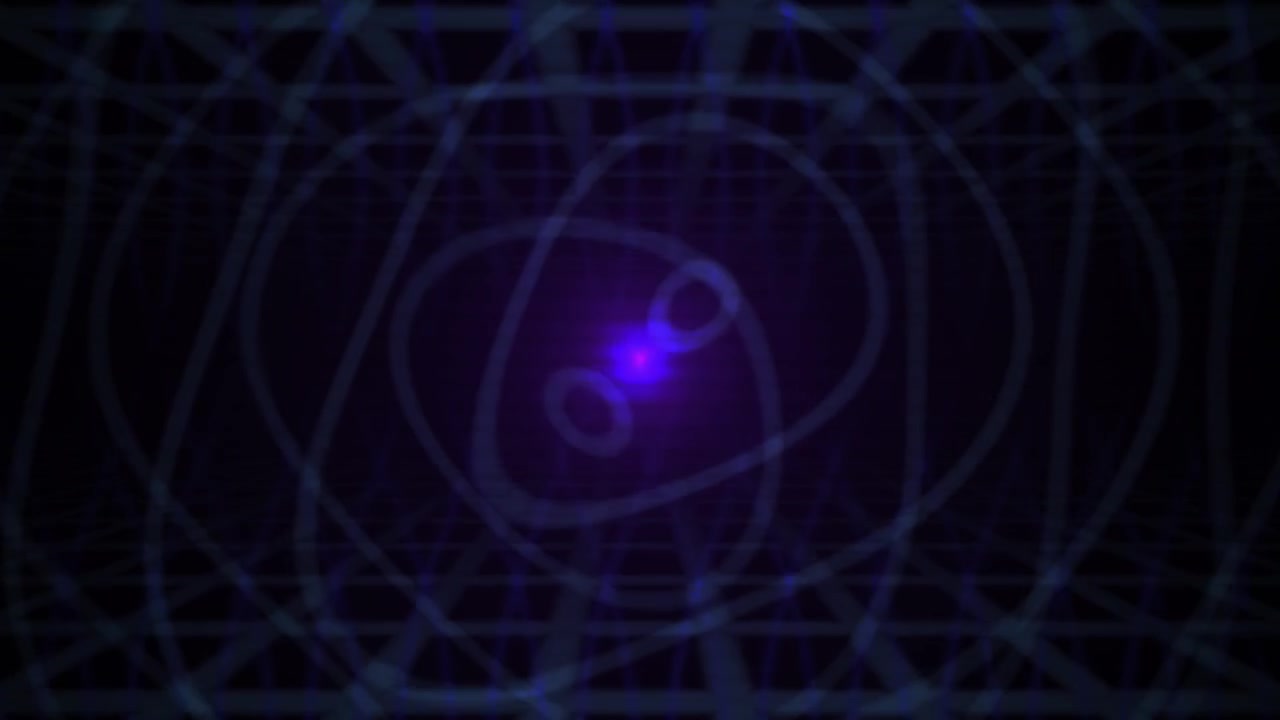 Luce viola pulsante con anelli orbitanti in una griglia digitale