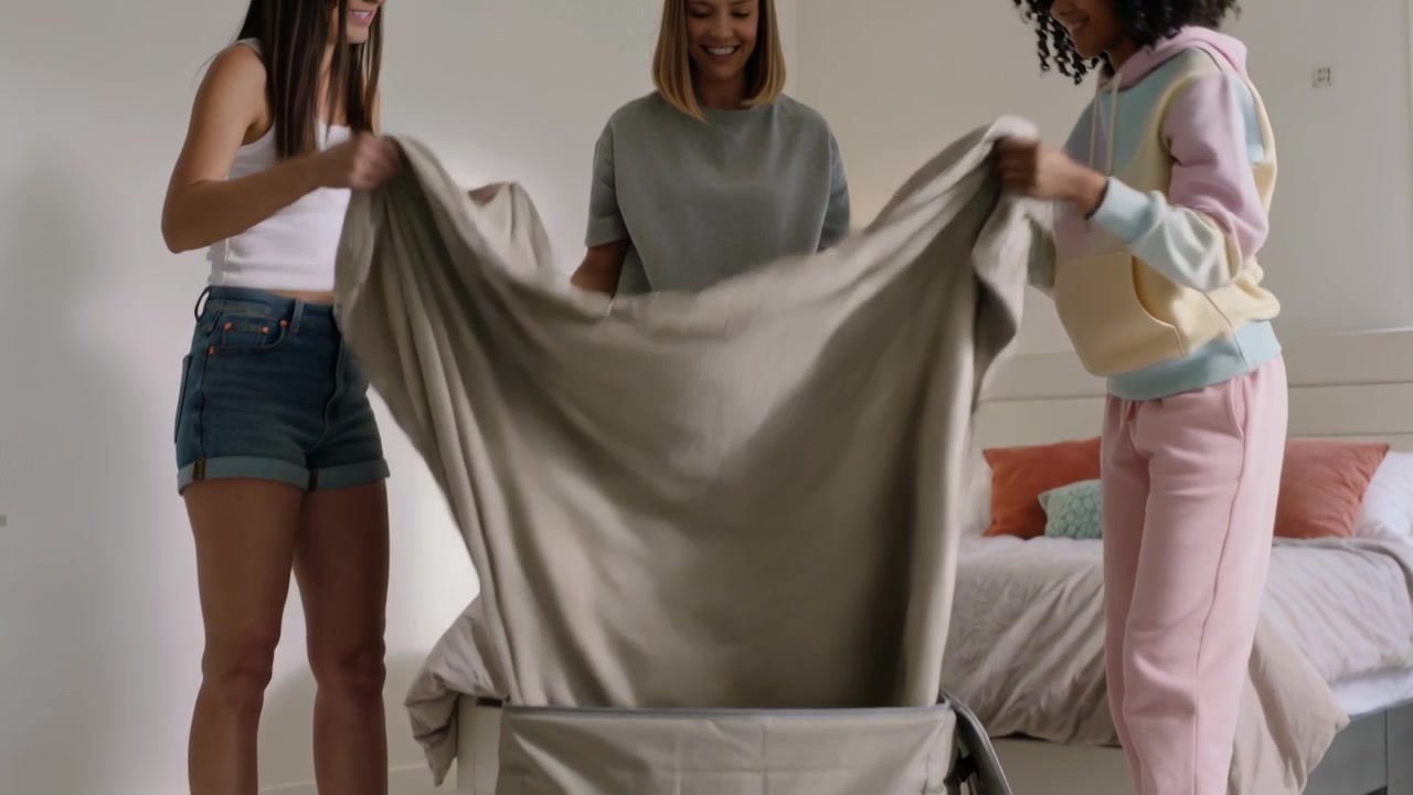 Spotting ottoman, three friends in sneakers lifting lid, unfolding blanket preparing bed in bedroom