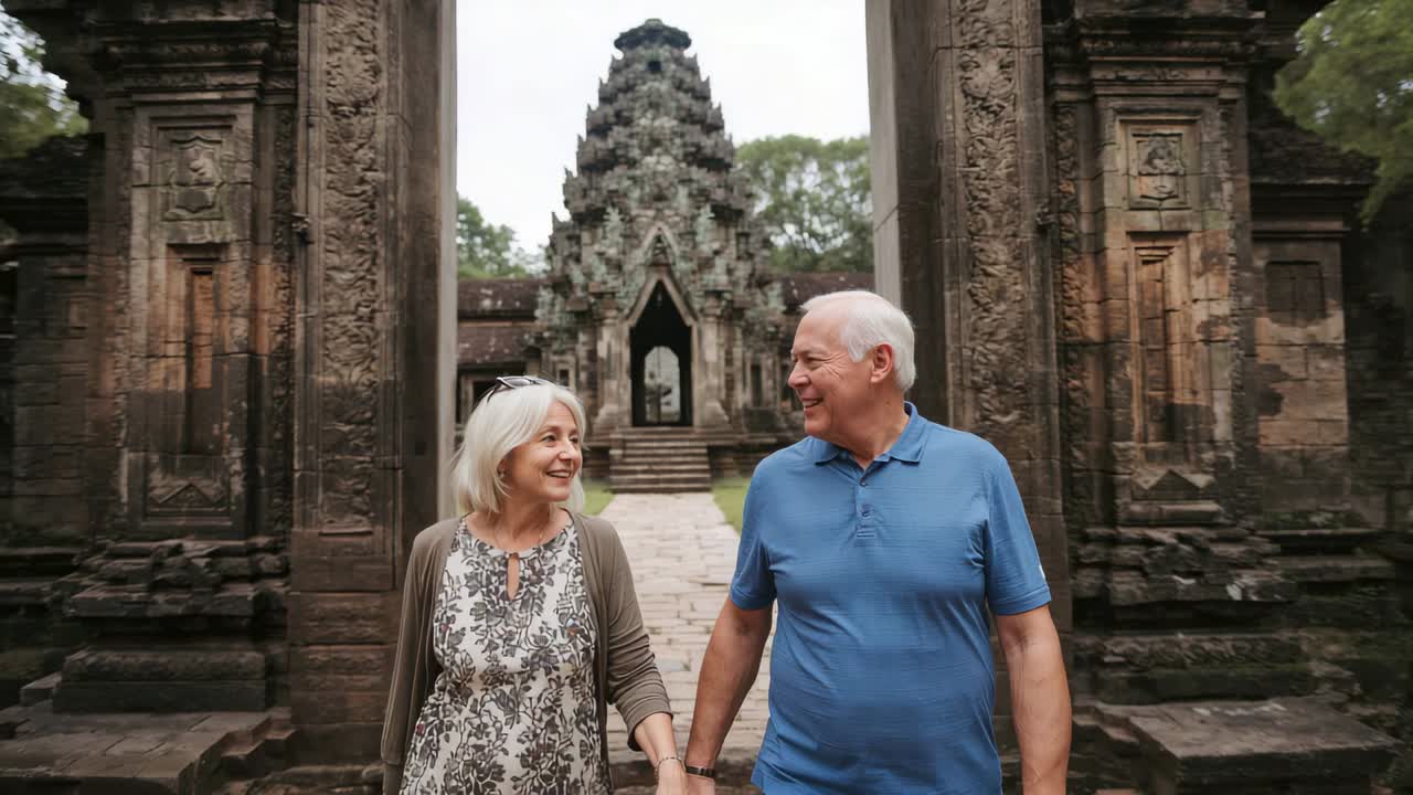 Walking older couple from carved gateway, holding hands and stepping along path, visiting temple