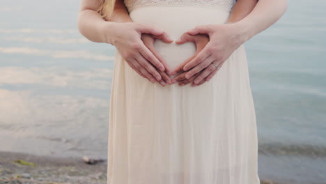 a young couple shows a heart on the belly of a pregnant woman