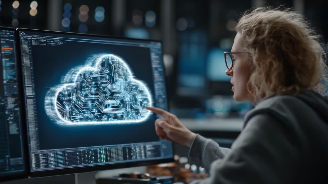 A focused individual engages with a cloud computing interface, symbolizing the transformation of digital data through innovative technology and data visualization
