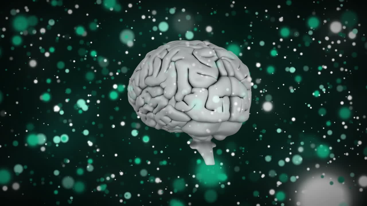 cerebro humano girando contra manchas verdes de luz en un fondo negro