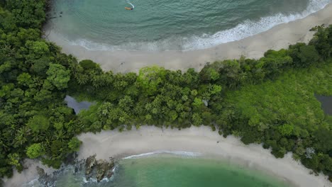 aerial top round shot whale tail shaped beach in manuel antonio national park, costa rica