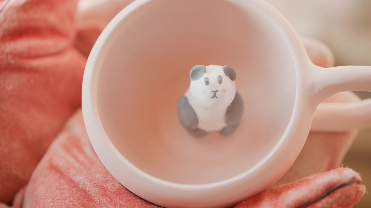 カップの中に座る粘土のパンダ。陶芸工房でのクローズアップで、手袋をはめた手がマットピンクの陶器製マグカップを優しく包み込む。柔らかな陽光が差し込むスタジオの光、繊細な手作りのディテール、微妙な釉薬の質感、職人技の仕上げが光る
