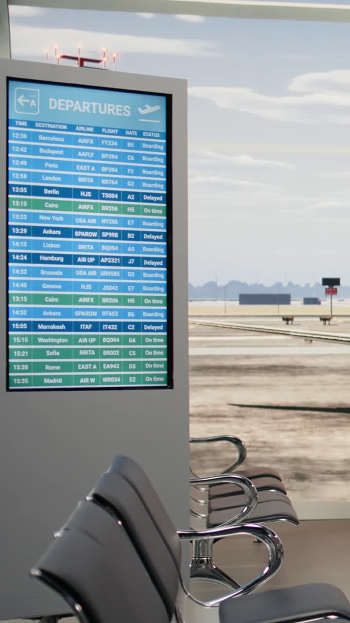 Vídeo vertical: Sala VIP de aeropuerto vacía con vista de la pista y panel mostrando detalles de vuelos