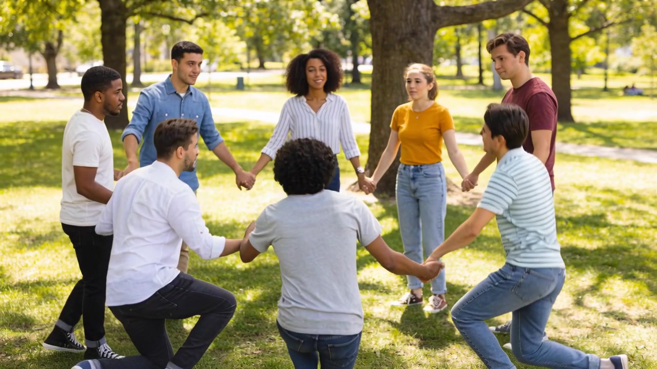 Una pareja arrodillada se levanta, ocho personas forman un círculo alrededor de un árbol en un parque, la persona de camisa azul habla mientras se toman de las manos.
