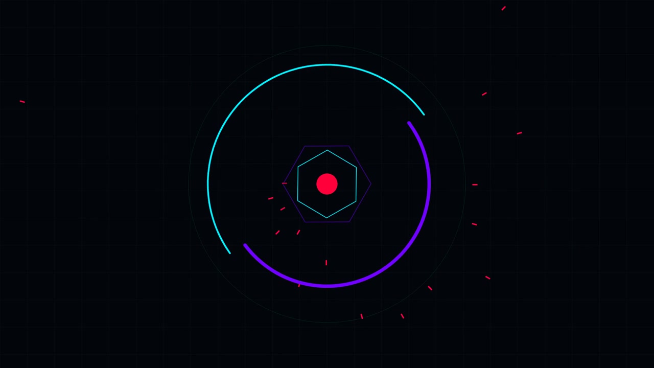 Abstract Digital Interface with Rotating Geometric Shapes and Neon Arcs