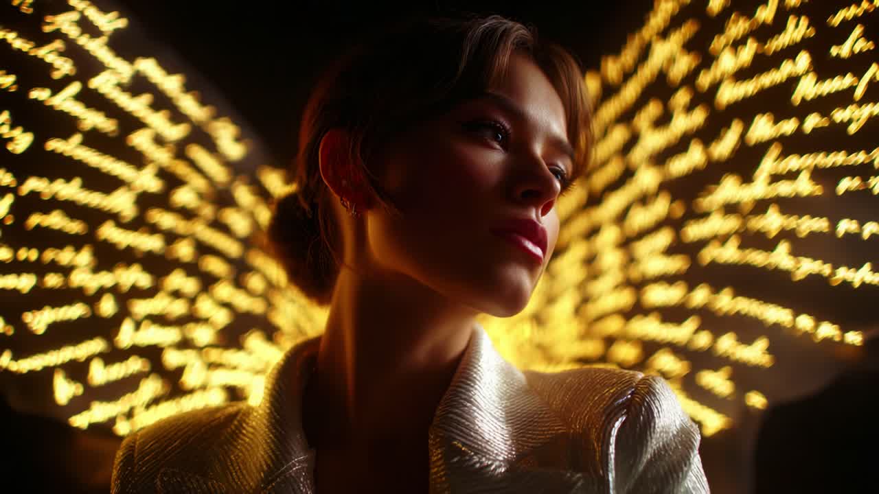 Enigmatic Portrait of a Woman Surrounded by Glowing Textual Wings: A Captivating Use of Light and Shadow, Highlighting the Intricacies of Identity and Feminine Power in a Stunning Visual Display