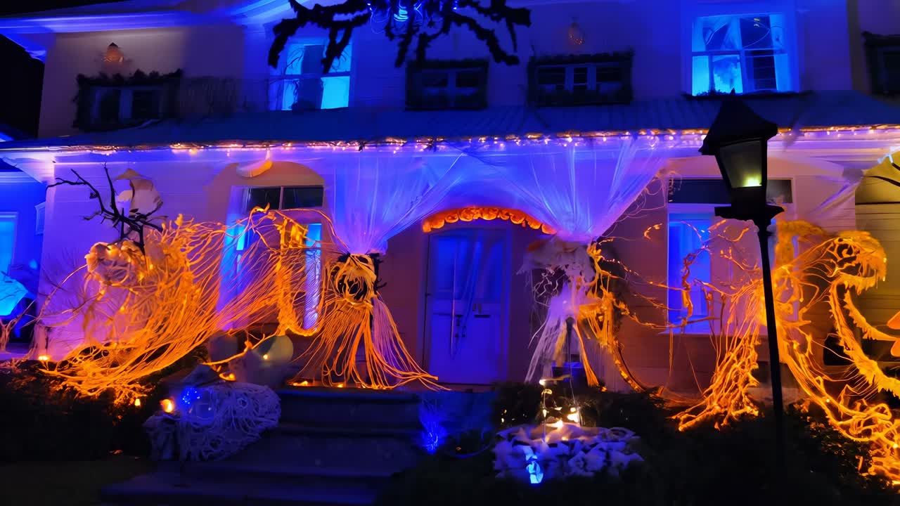 밤에 공포스러운 할로윈 집 장식