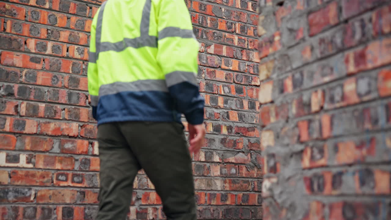 Operai edili vicino a un muro di mattoni