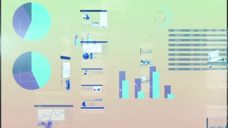 Animation-of-red-rectangles-forming-circle-against-data,-graphs,-charts-on-digital-interface