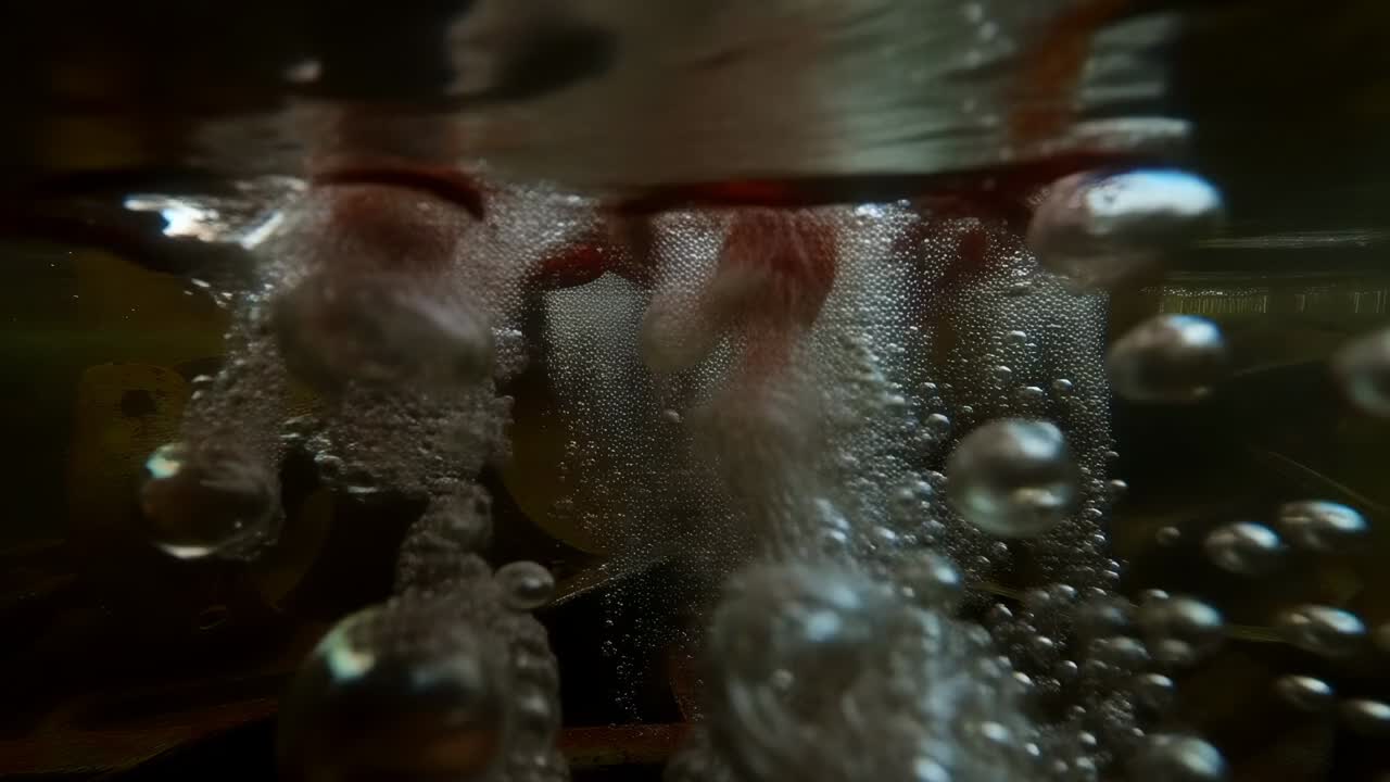 Cucchiaio rosso immerso che rilascia schiuma densa e bolle che salgono all'interno del recipiente, rivelando una griglia di metallo