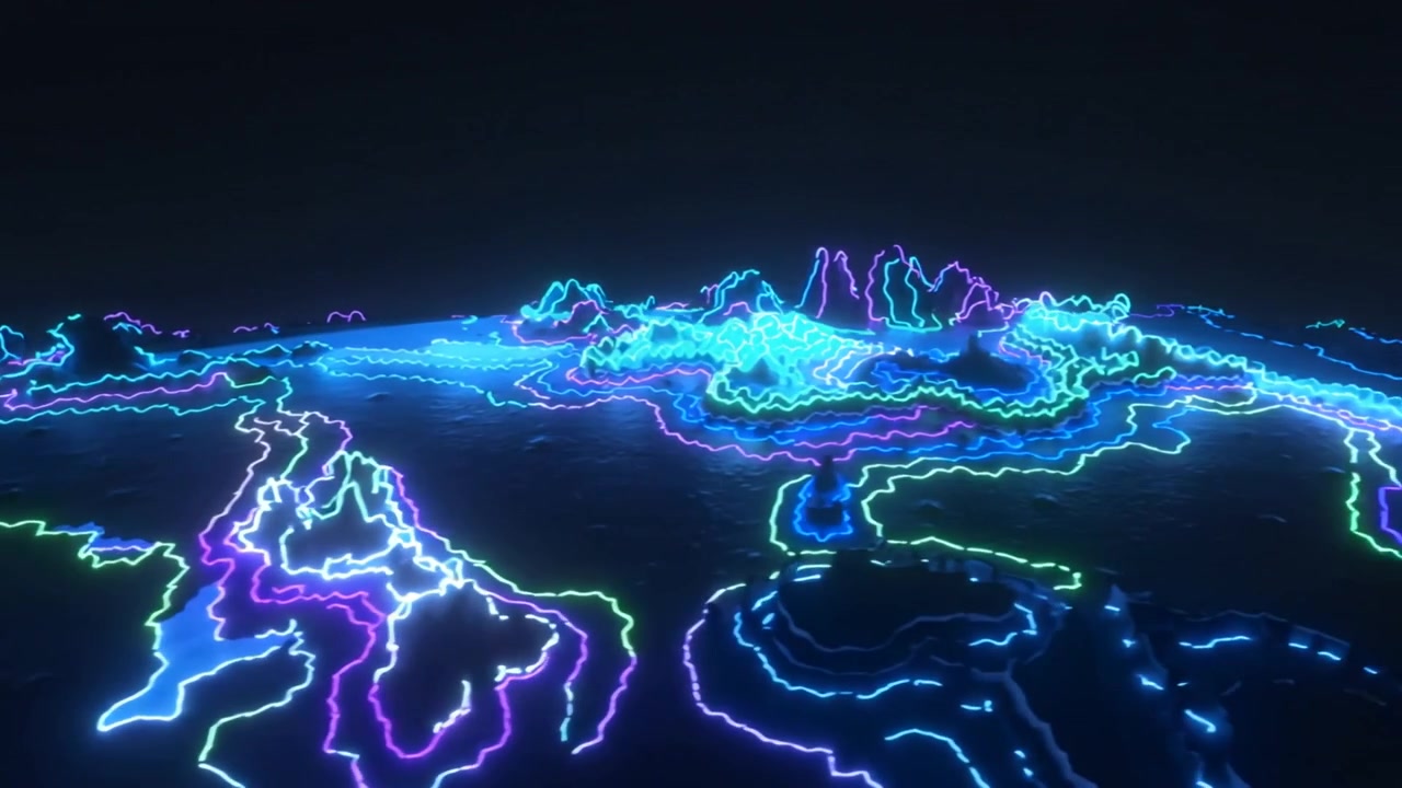 Sliding camera revealing neon contours moving on curved globe, highlighting central spikes