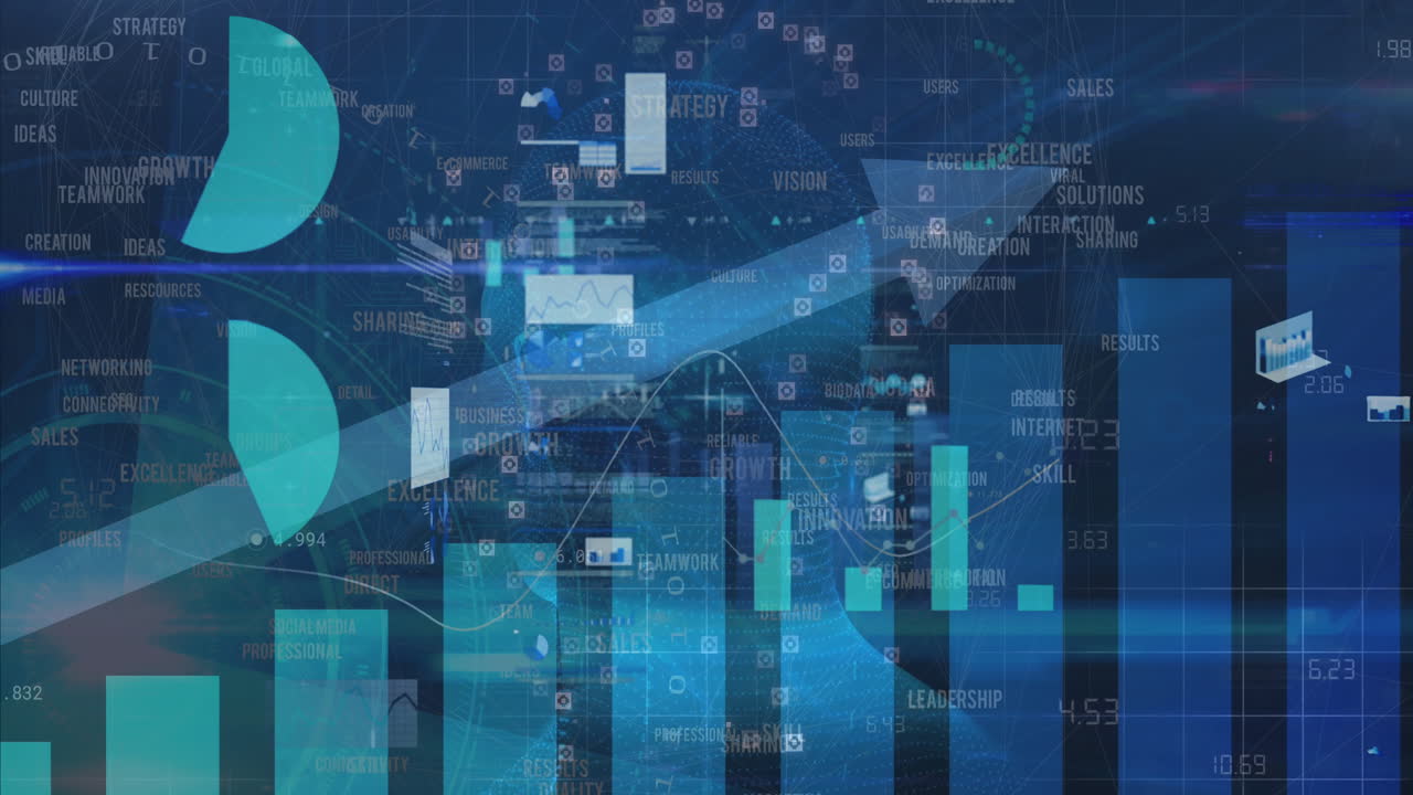 Animation of digital data visualization with graphs and charts on blue background