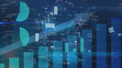 animation of digital data visualization with graphs and charts on blue background