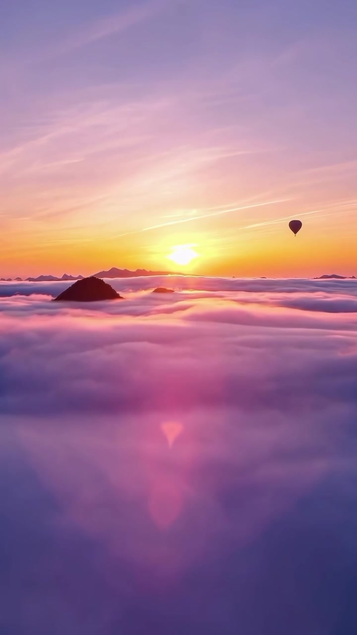 Mongolfiera che galleggia sopra un mare di nuvole rosa all'alba
