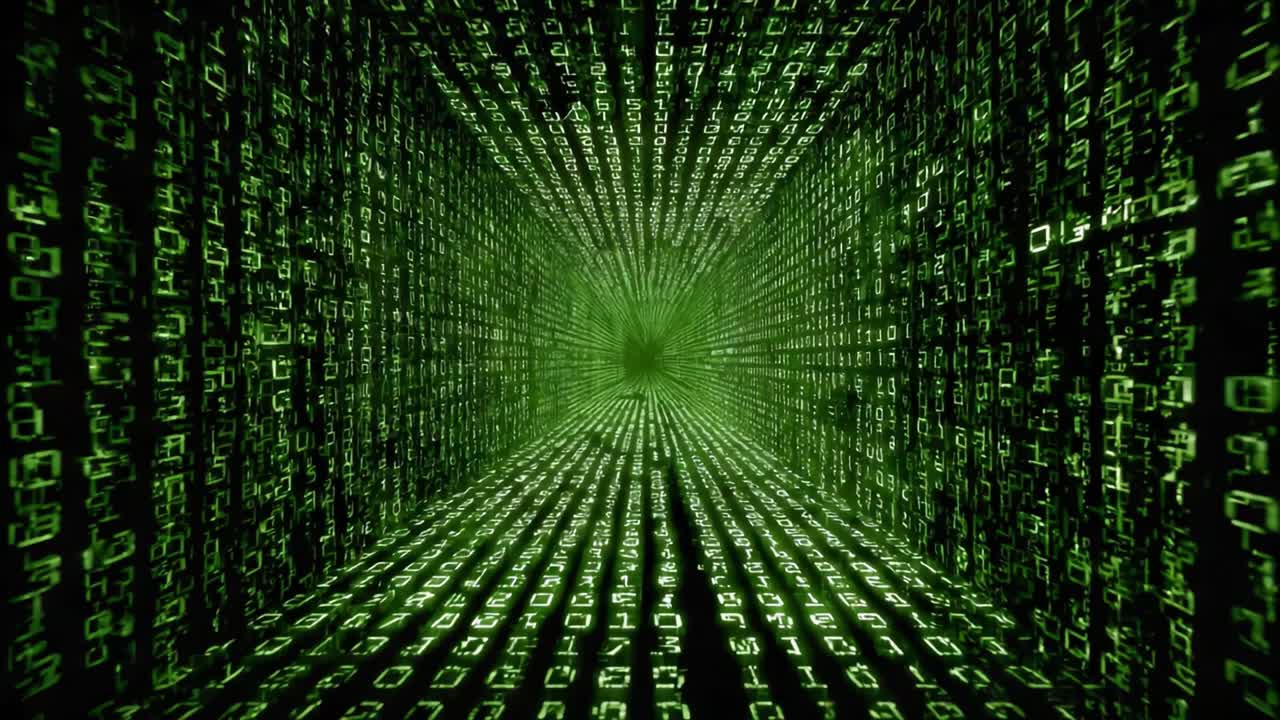 Exploring the Vast Depths of a Digital Universe: A Visual Journey Through an Endless Tunnel of Green Binary Code Representing Data and Information Flow