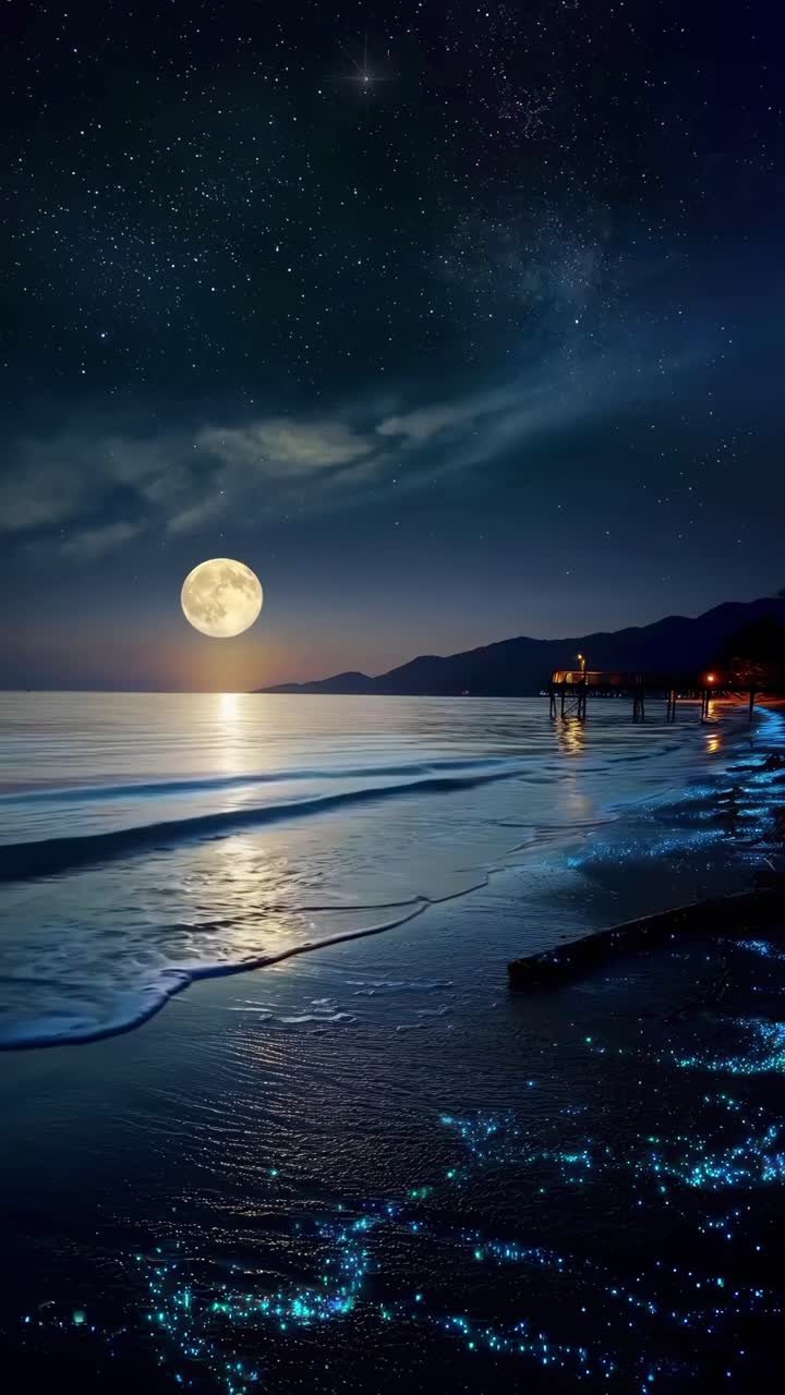 Gece, dolunay ve yıldızlarla sakin bir plaj, alçak açıdan çekilmiş, huzur verici bir atmosfer için ideal