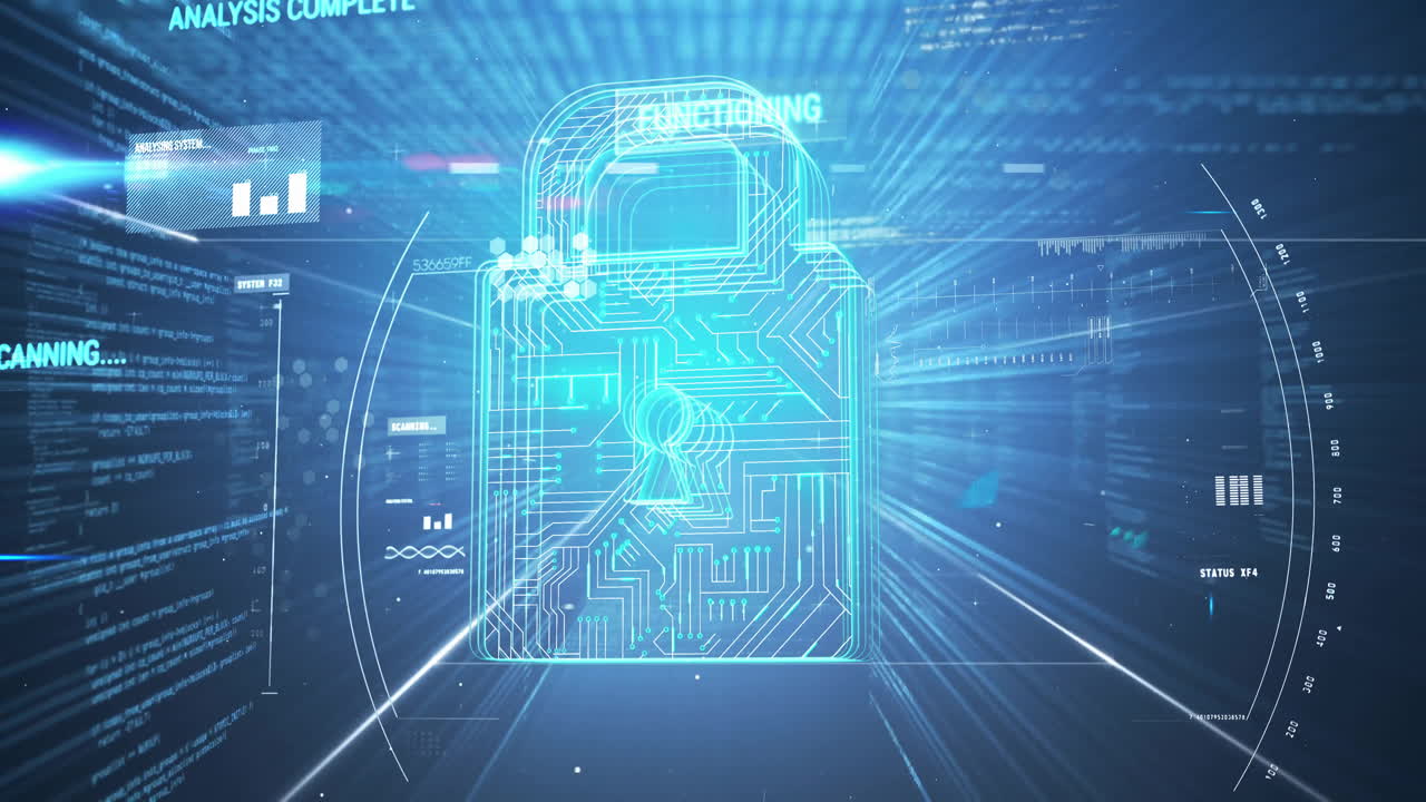 Animation of padlock icon with scope scanning and data processing on black background