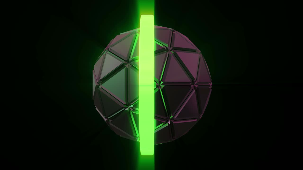 giro de una bola geométrica futurista construida a partir de triángulos con canal alfa. órbita de neón moviéndose alrededor de la esfera. patrón sin costuras.