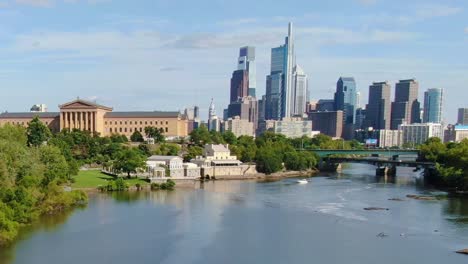 aerial, fairmount water works on the schuykill river, museum of art and skyscrapers in philadelphia, pennsylvania, usa