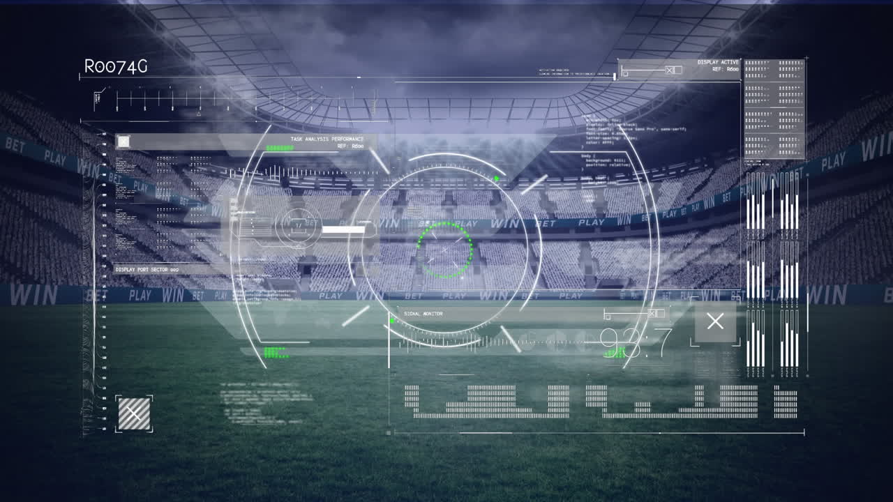 Animation of digital data processing on screen over sports stadium