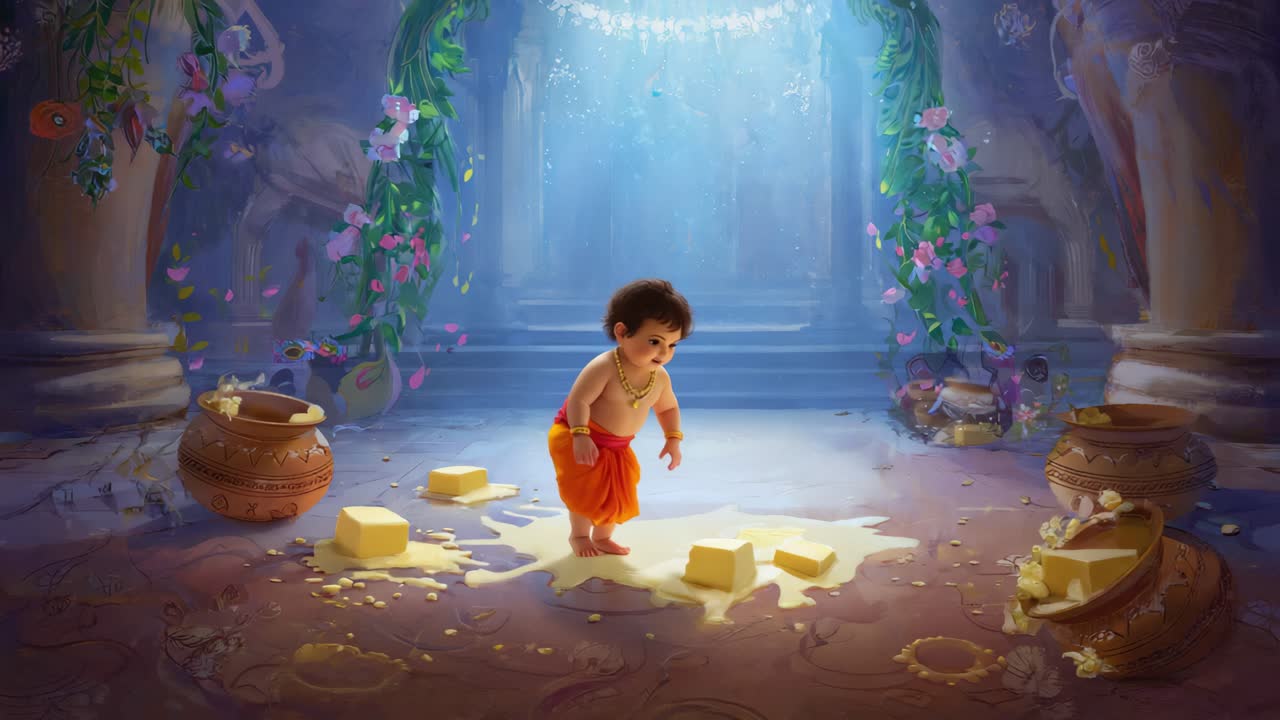 Baby Krishna playfully stealing butter, sitting amid ornate temple pots and delicate floral decorations, radiating mystical spiritual energy within sacred ancient architectural setting