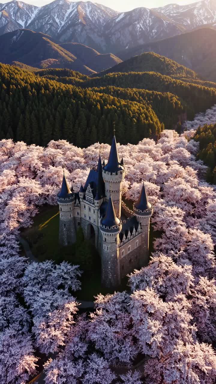 Aerial view of a fairytale castle surrounded by cherry blossoms and mountains, capturing a magical