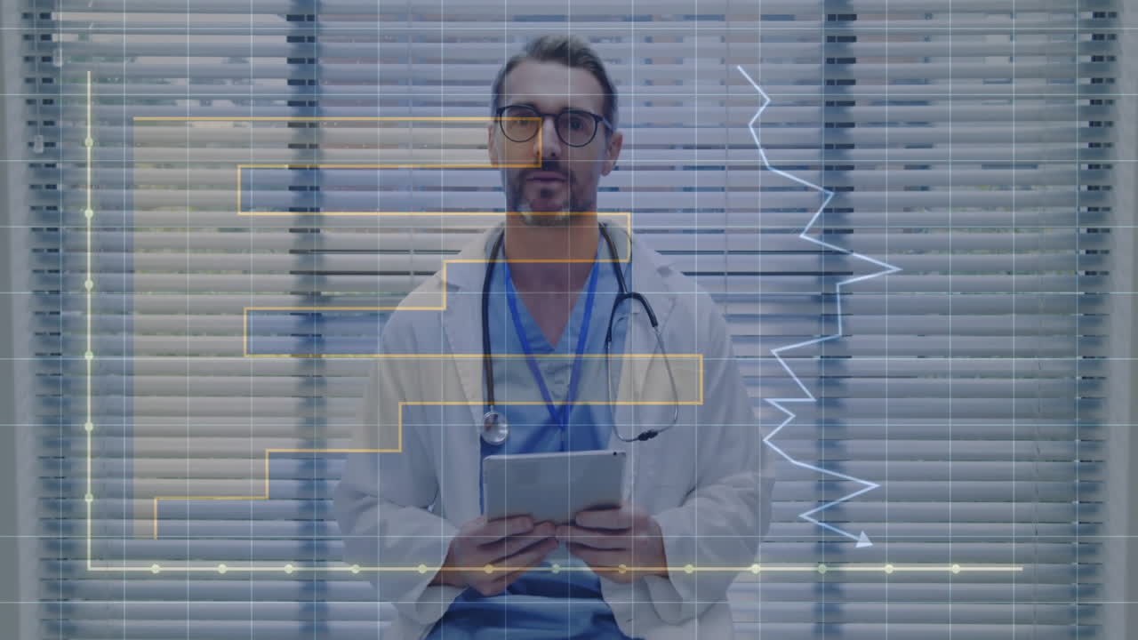 animación de diagramas en movimiento sobre un médico caucásico usando una tableta