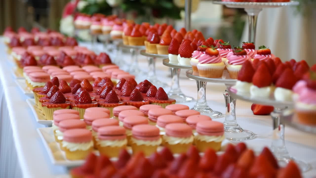 Elegante tavolo da dessert con cupcake alle fragole e macarons