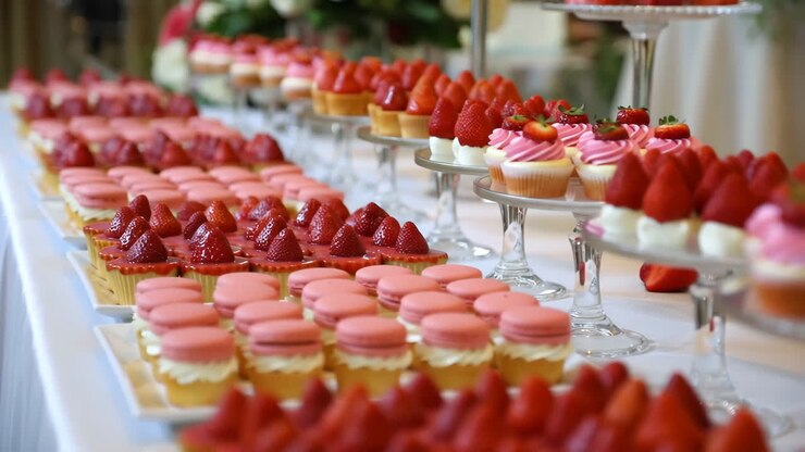 Elegant dessertbord med jordbærcupcakes og makroner