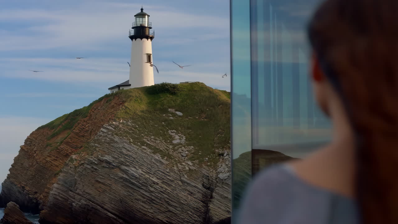 Woman looking at a lighthouse on a cliff from a window