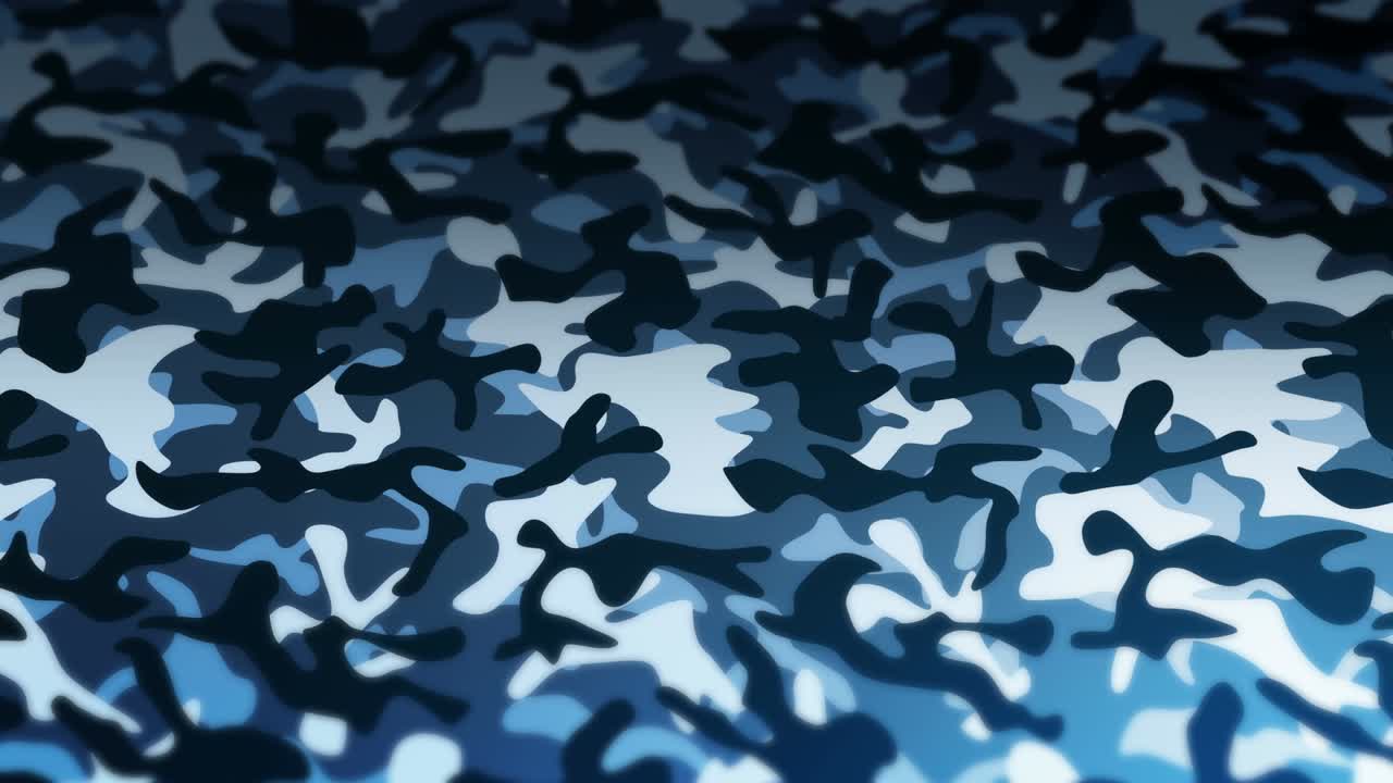 파란색 위장 패턴 배경, 군사 유니폼 개념, 추상적인 선과 파동 텍스처, 루프 애니메이션