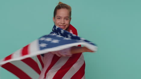 Lovely-teen-girl-waving-and-wrapping-in-American-USA-flag,-celebrating,-human-rights-and-freedoms