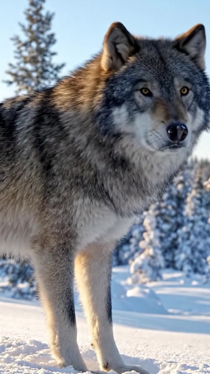Majestic Wolf Stands Tall in a Snowy Landscape, Capturing the Essence of Wilderness and Beauty in Nature's Winter Wonderland