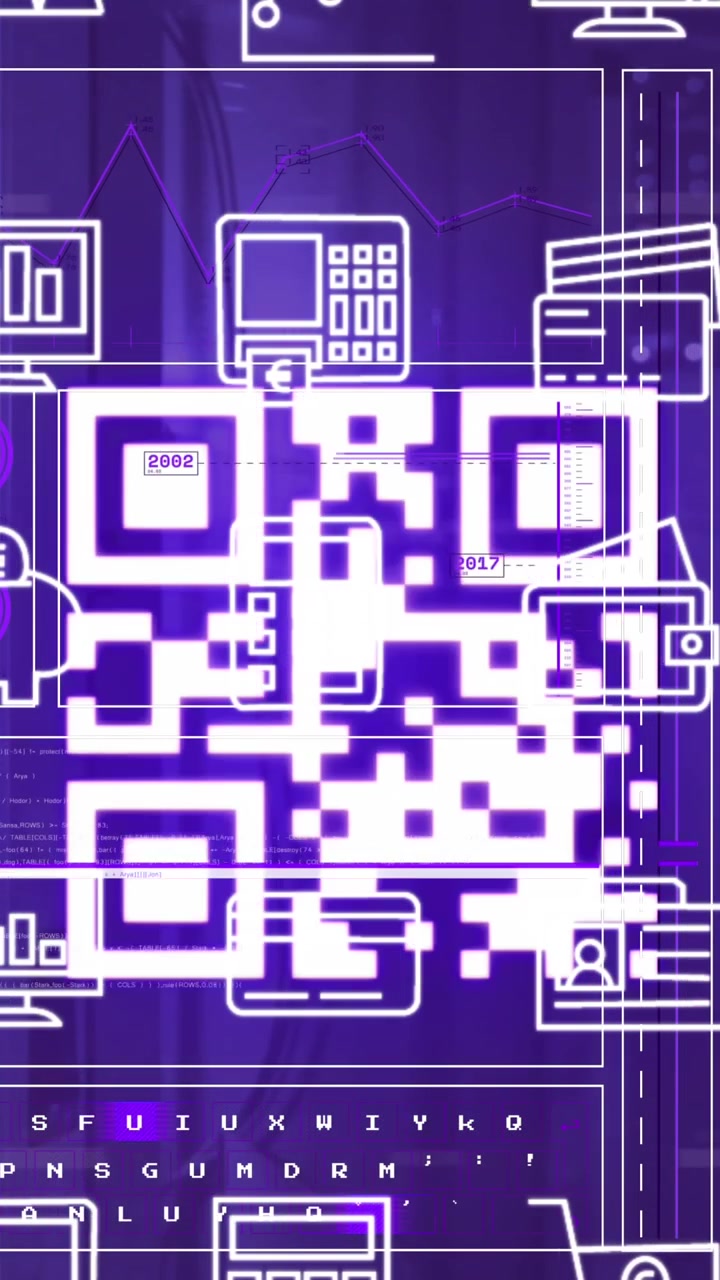 Animation von QR-Code und Datenverarbeitung über Computerserver