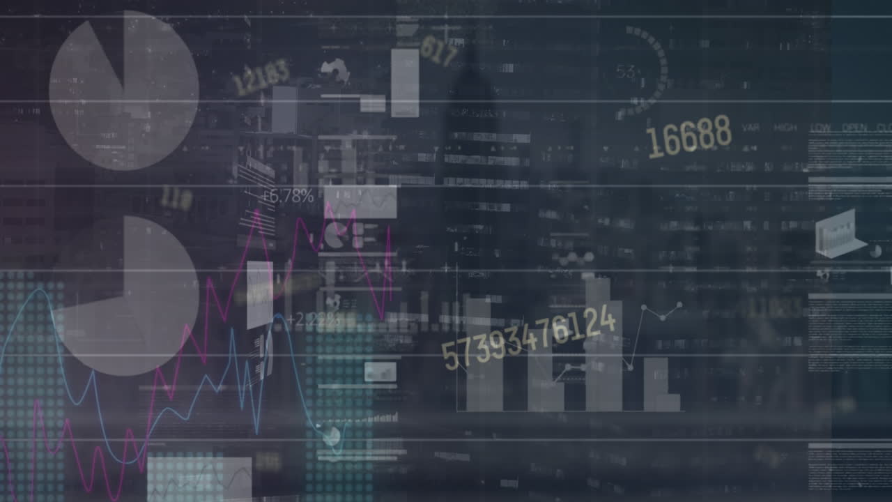 Animation of changing numbers and stock market data processing against aerial view of cityscape