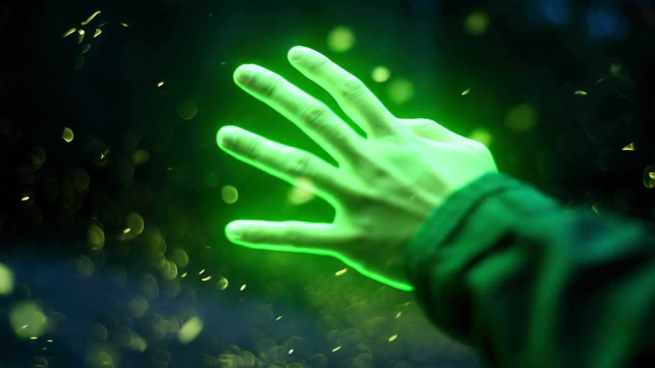 A captivating journey through luminous landscapes, where a hand reaches out amidst enchanting glowing particles, creating a magical atmosphere of light and wonder
