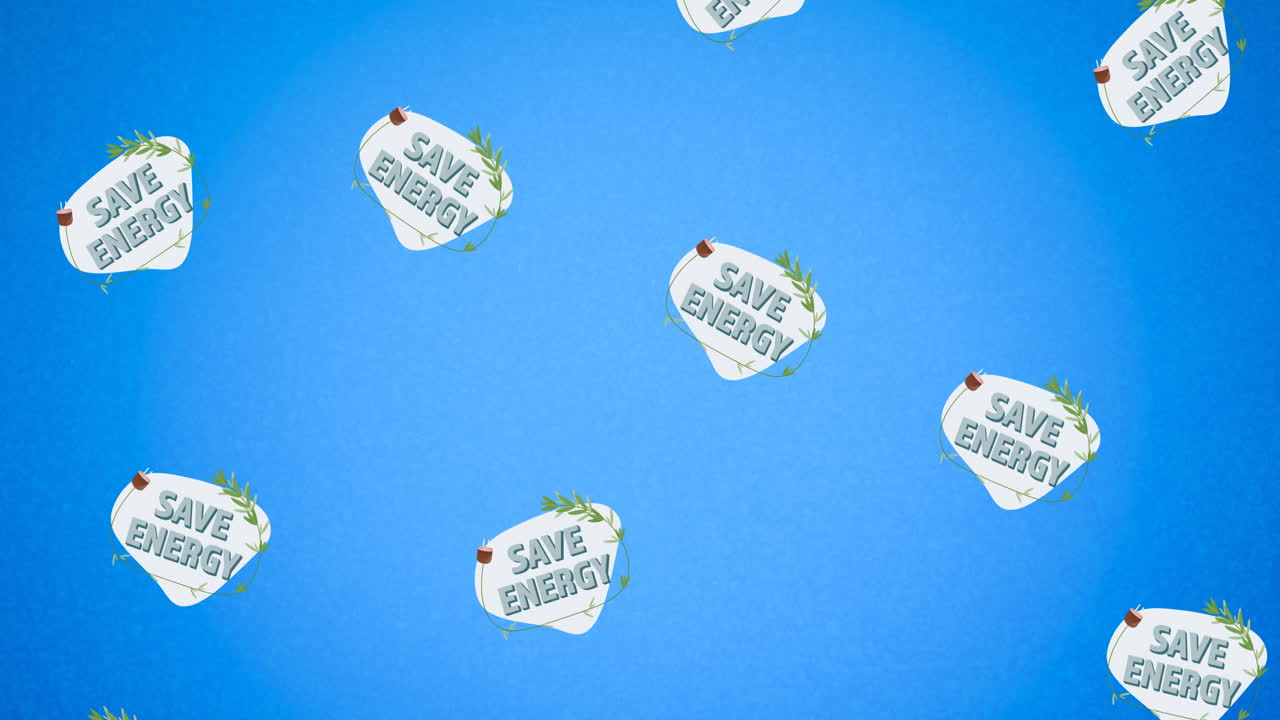 파란색 배경에 여러 번 떨어지는 에너지 절약 텍스트와 로고의 애니메이션