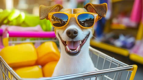 dog shopping in a market