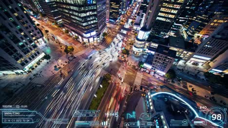 night city aerial view with traffic and data overlay