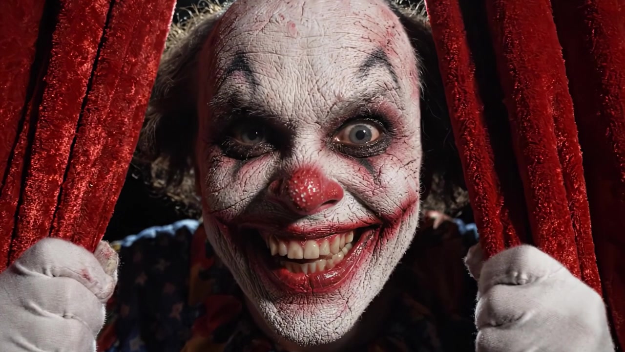 A Mysterious Clown Emerges from Velvet Curtains, Eager to Captivate the Audience with His Eerie Smile and Enthralling Presence in a Captivating Performance