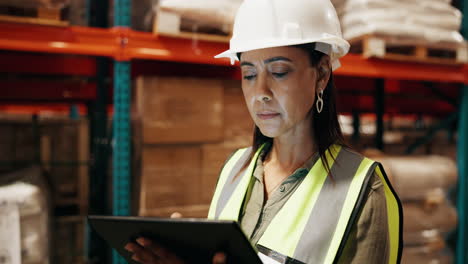 una mujer en un almacén inspeccionando el inventario en una tableta